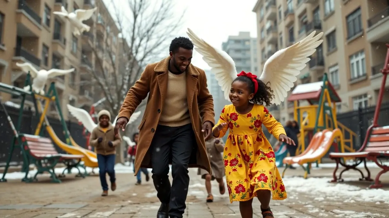 A man and a smiling girl with large angel wings running through a snowy playground, pigeons in flight
