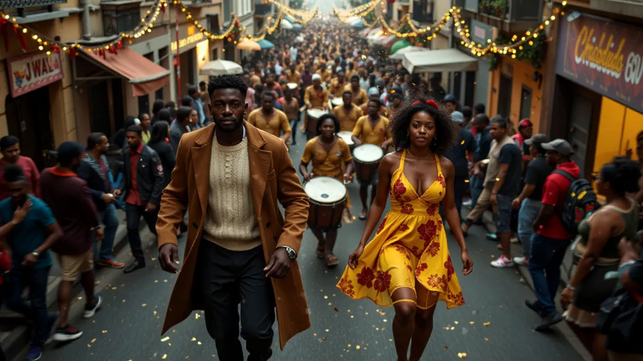Crowded street parade with drummers and a large procession; a man and woman walk at the front amid festive garlands and a dense crowd.