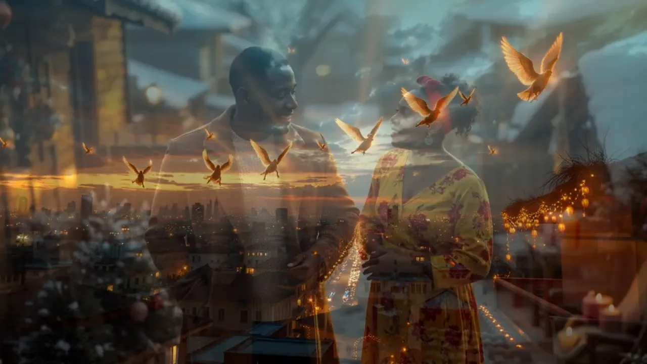 Copamore video still: two people talking over a double-exposed city sunset with birds in flight