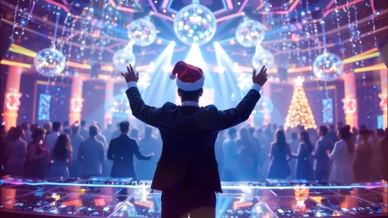 DJ wearing a Santa hat with arms raised toward a crowd beneath hanging disco balls and stage lights in a club.
