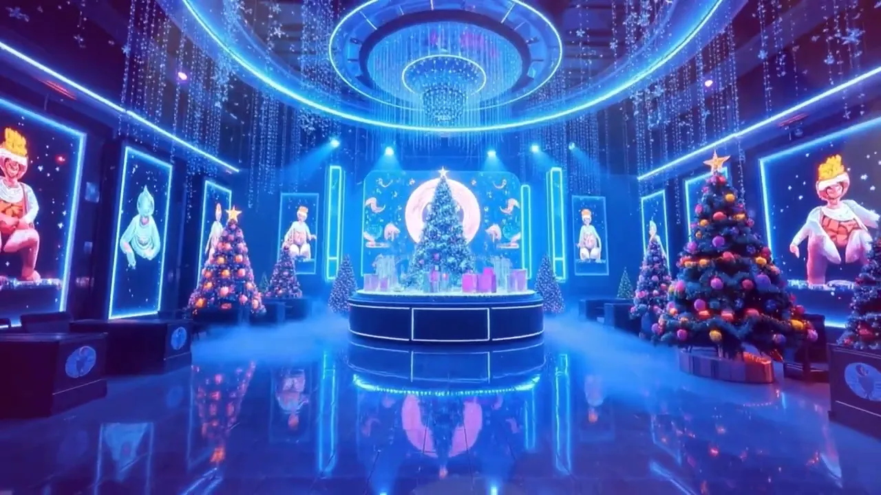 Symmetrical neon club interior with a central circular stage, decorated Christmas tree, hanging lights and a glossy reflective floor.