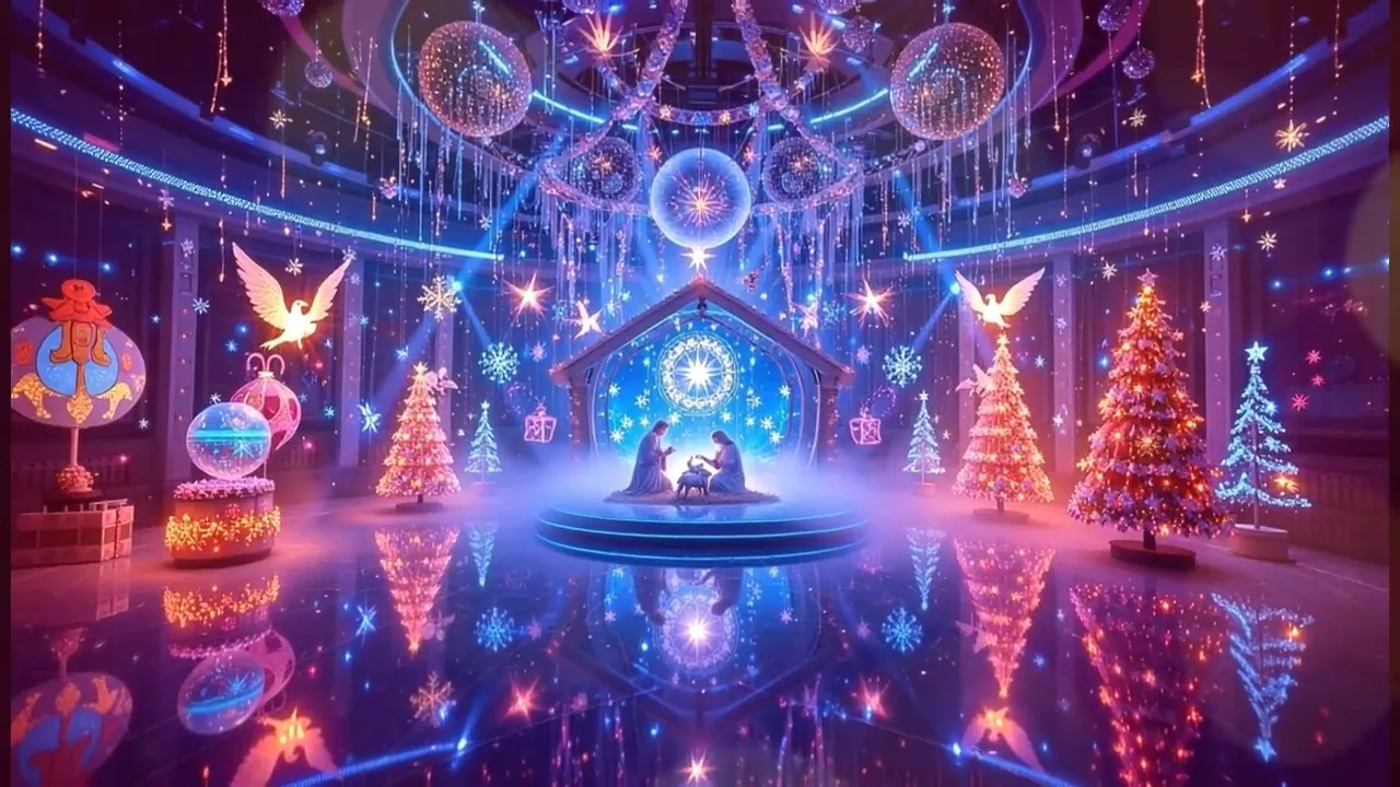 Symmetrical nativity scene centered on a glossy reflective floor, flanked by Christmas trees and suspended disco ornaments under vivid, colorful lighting.
