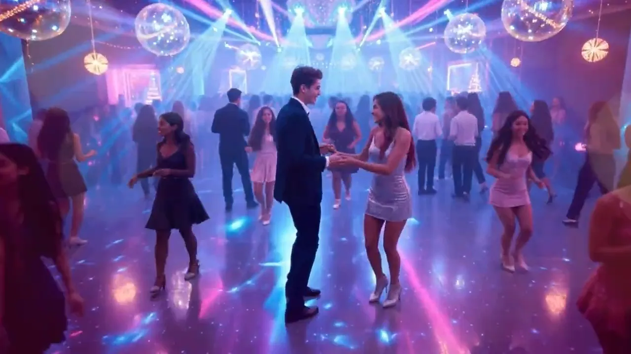 Couple facing each other holding hands at the center of a dancefloor under disco balls and colorful beams