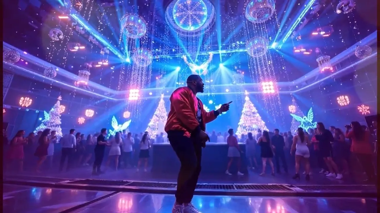 Central performer in a red jacket on a reflective floor with vaulted ceiling lights, hanging disco spheres and a festive crowd in the background.