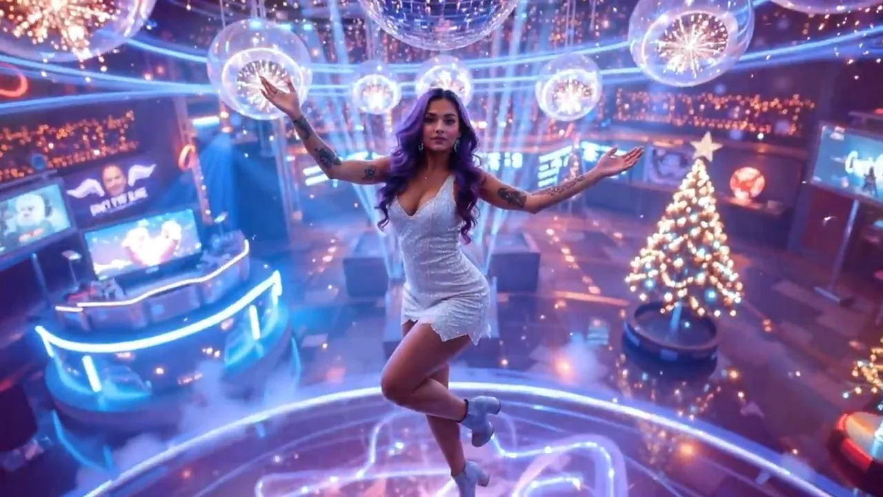 Performer centered on a lit club‑cathedral floor with arms raised beneath hanging disco spheres and a Christmas tree