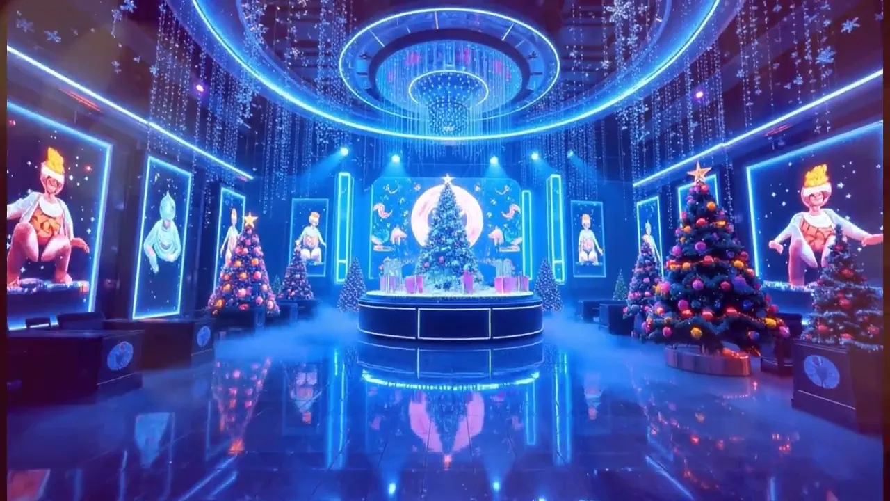 Wide shot of a neon-lit club with a central Christmas tree, hanging lights and a glossy reflective floor.