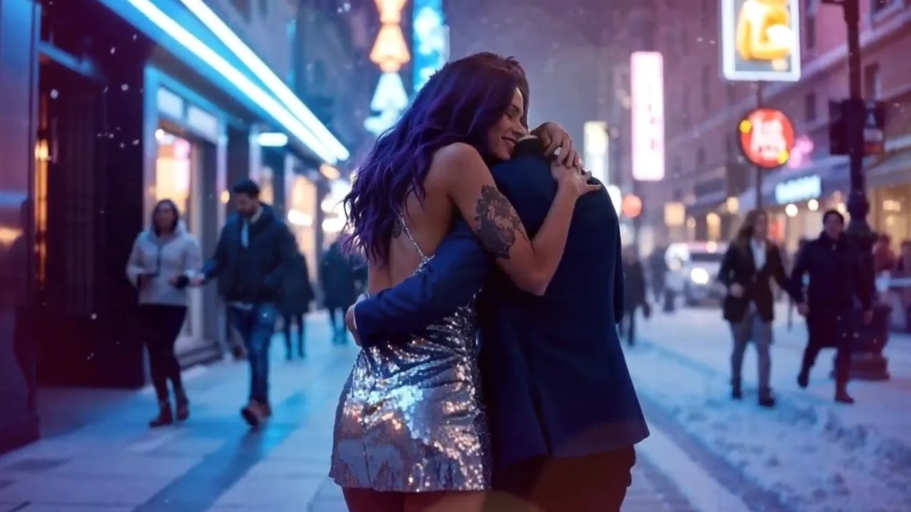 Couple hugging in the middle of a snowy, neon-lit city street; the woman with purple hair smiles while pedestrians pass behind them.