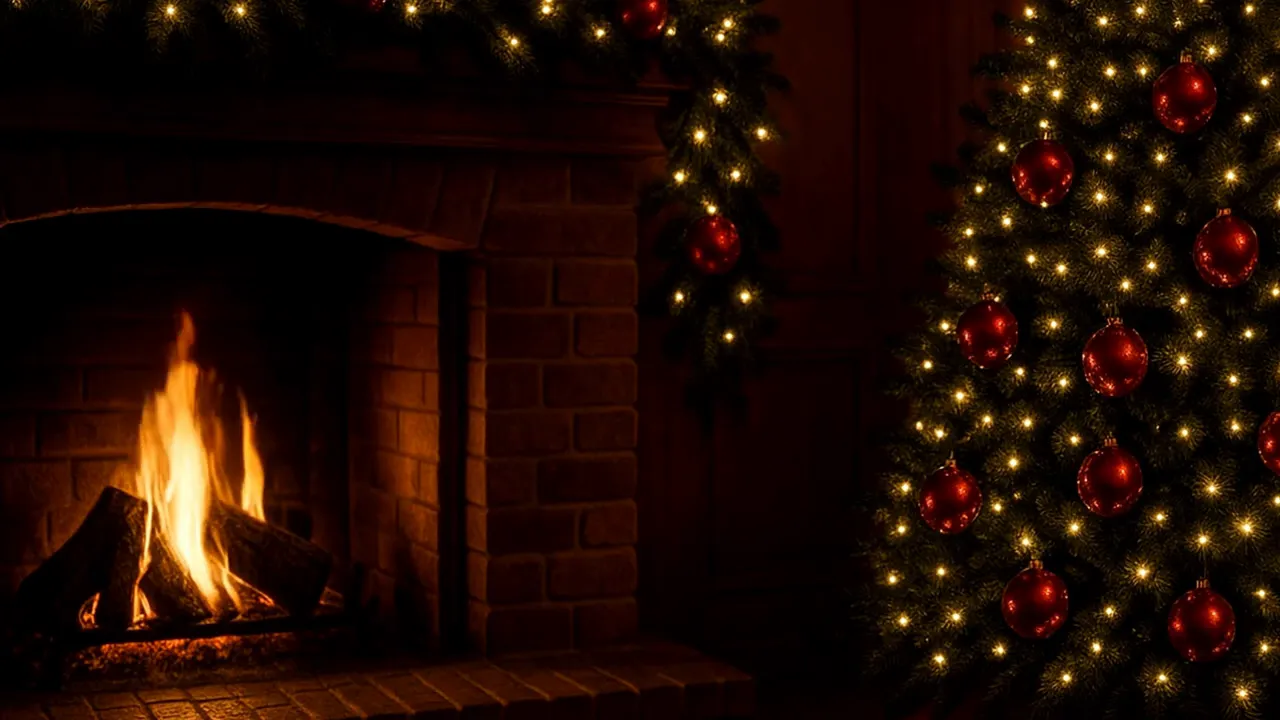 Cozy fireplace with burning logs beside a Christmas tree decorated with warm white lights and red baubles