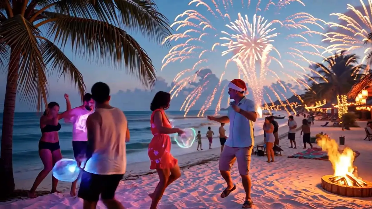 Beach party at dusk with palm trees, people dancing, fireworks over the ocean and a bonfire on the sand.