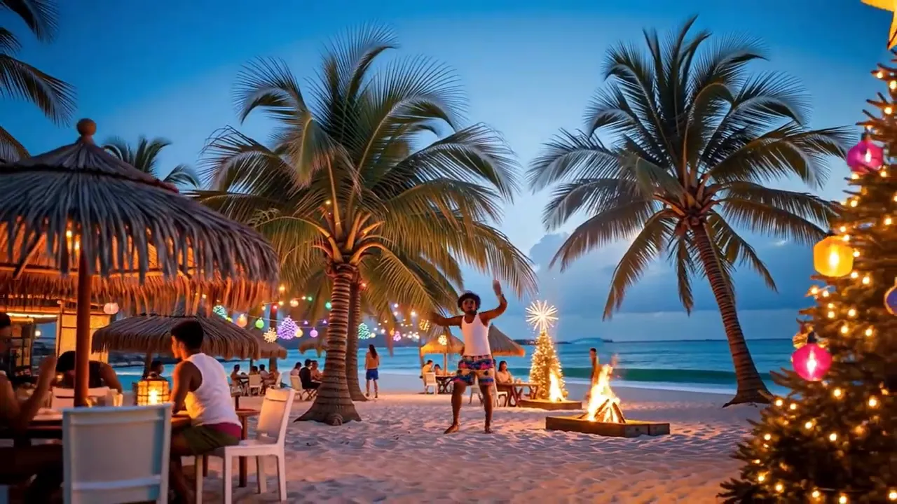 Beach at dusk with palm trees, a lit bonfire, decorated Christmas tree and people dancing