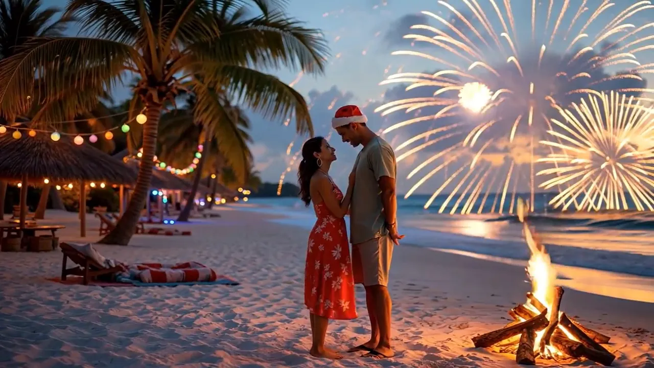 Couple on a palm-lined beach at sunset with a bonfire and fireworks in the sky