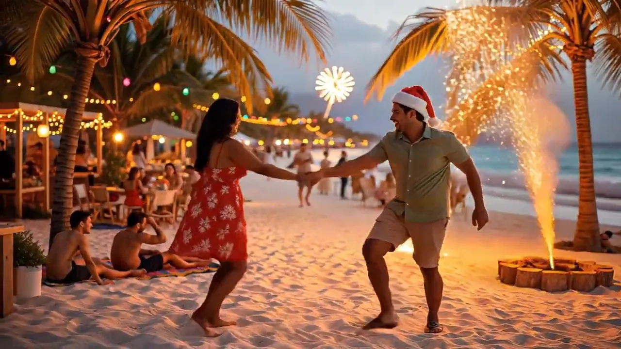 Two people dancing on a tropical beach at dusk with palm trees, string lights, and a spark-fountain fireworks display.