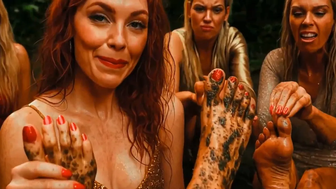 Close-up of a red‑haired influencer smiling at camera while holding muddy feet, with other women reacting behind her during a mud pedicure.