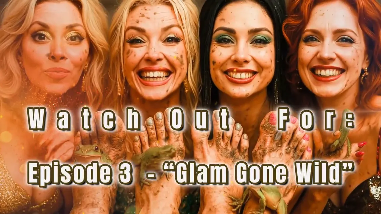 Four contestants smiling confidently with muddy faces and feet, frogs on toes and a 'Watch Out For' episode overlay.