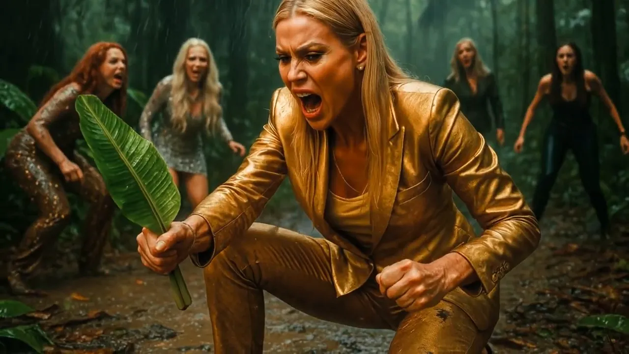 Influencer in a gold suit holding a large leaf and shouting while three other women react behind her in a muddy forest.