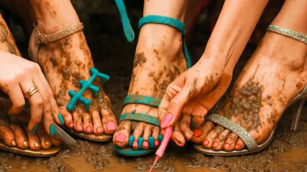 Close-up of muddy feet in sandals being painted with bright nail polish and toe separators during an outdoor mud pedicure challenge.