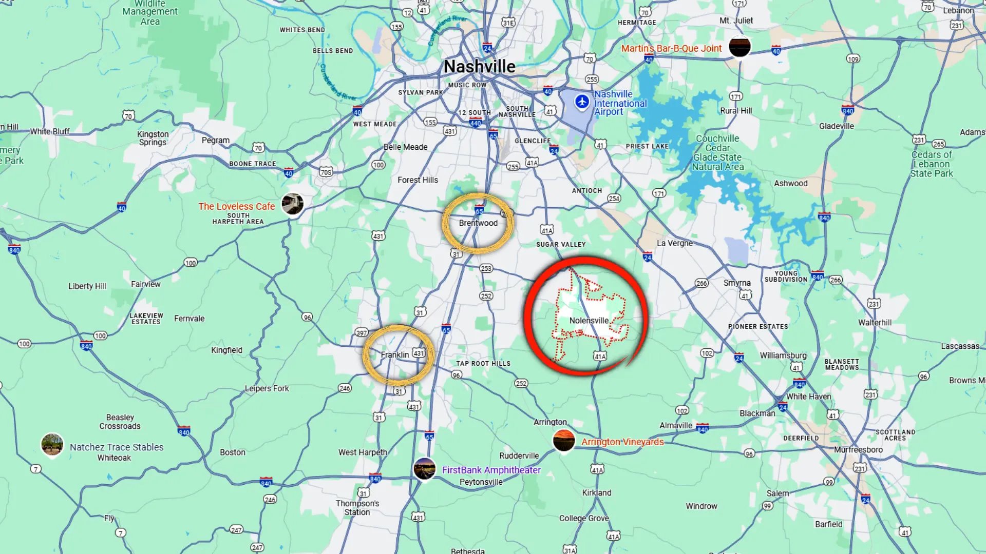 Map showing Nolensville's location near Nashville, Brentwood, and Smyrna