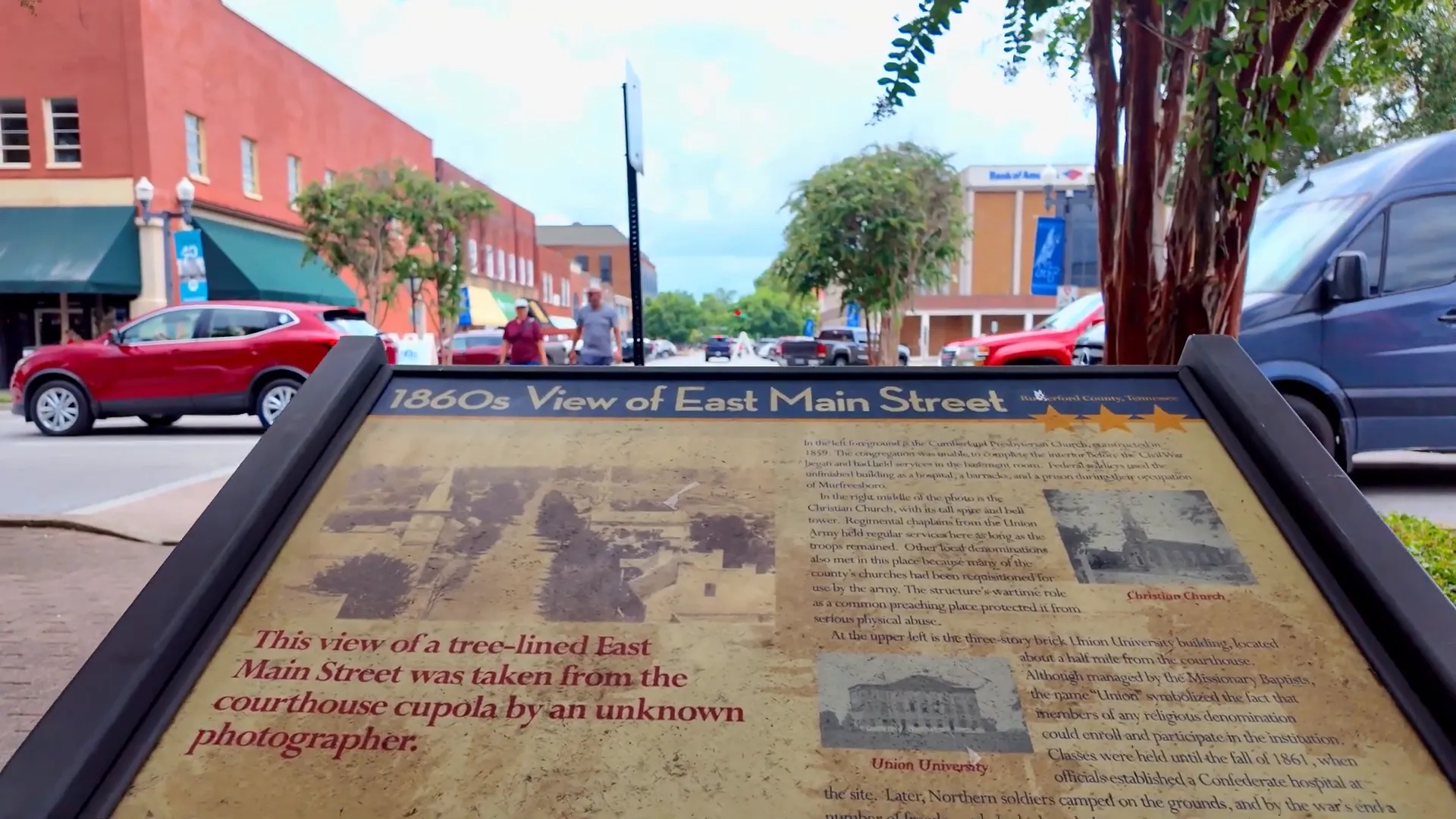 Historic Murfreesboro town square with local shops and people enjoying shopping and dining
