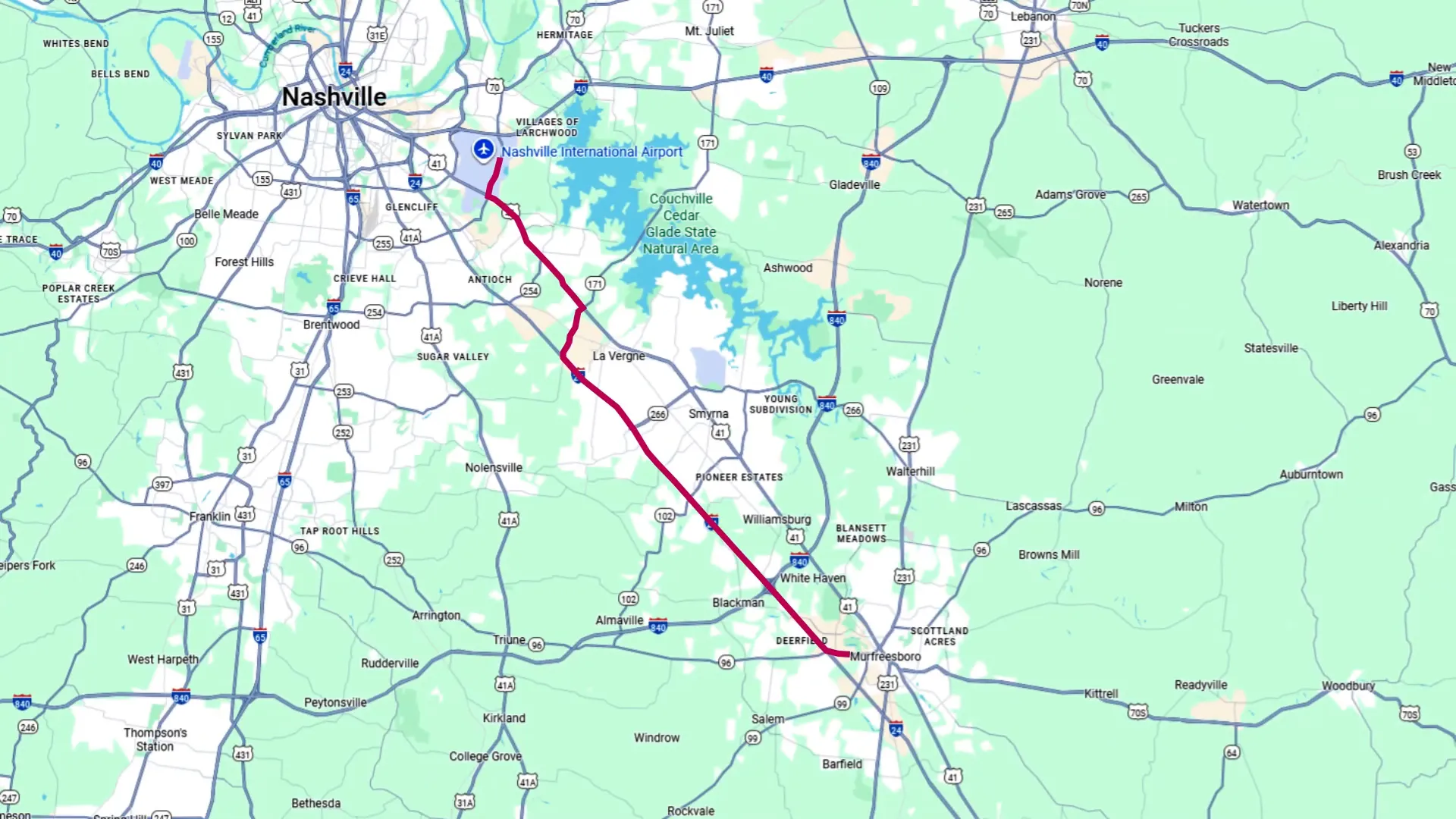 Traffic on I-24 and overview of alternative route via I-840