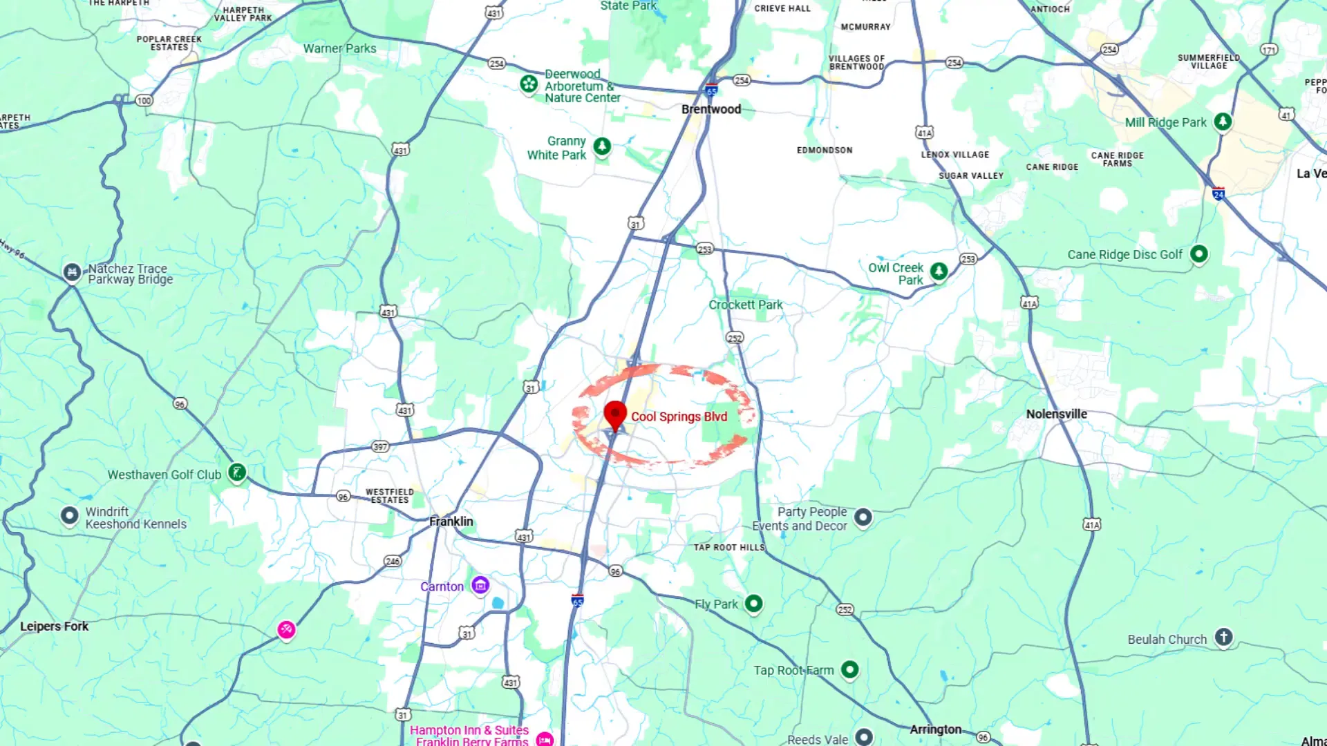 Map showing the location of Cool Springs between Brentwood and Franklin along I-65