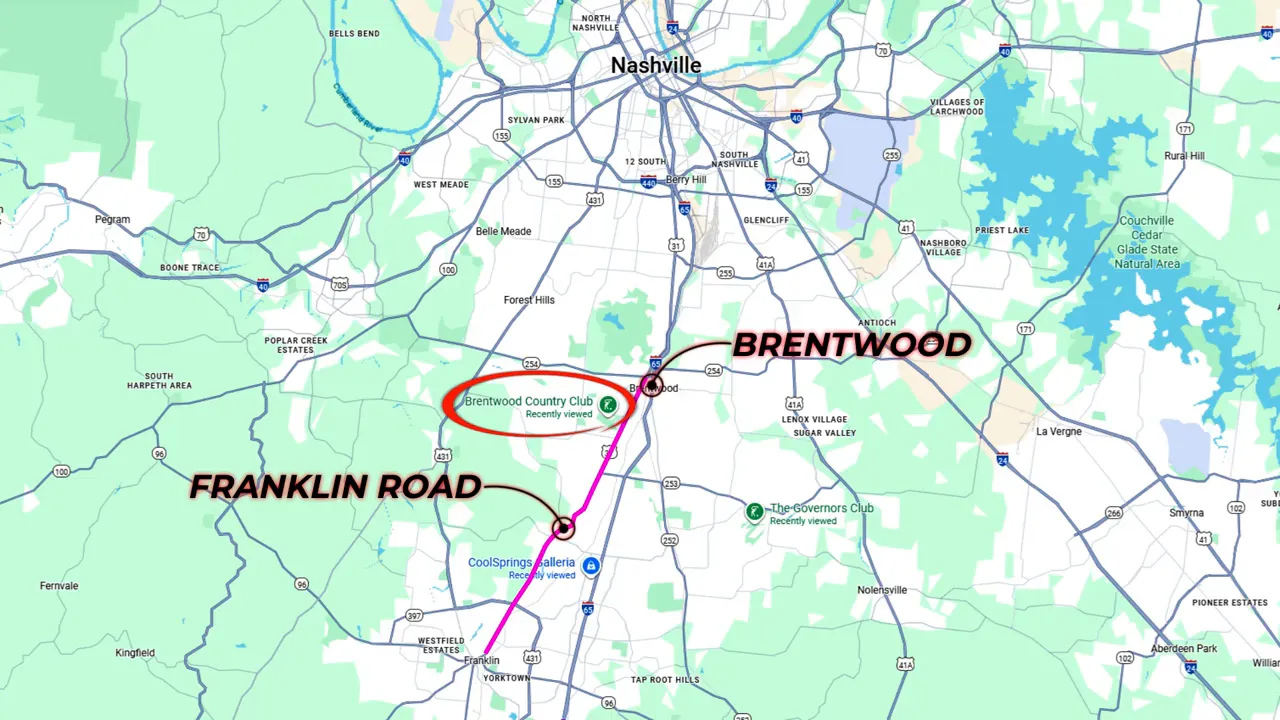 Aerial view of Brentwood Country Club entrance and mature trees