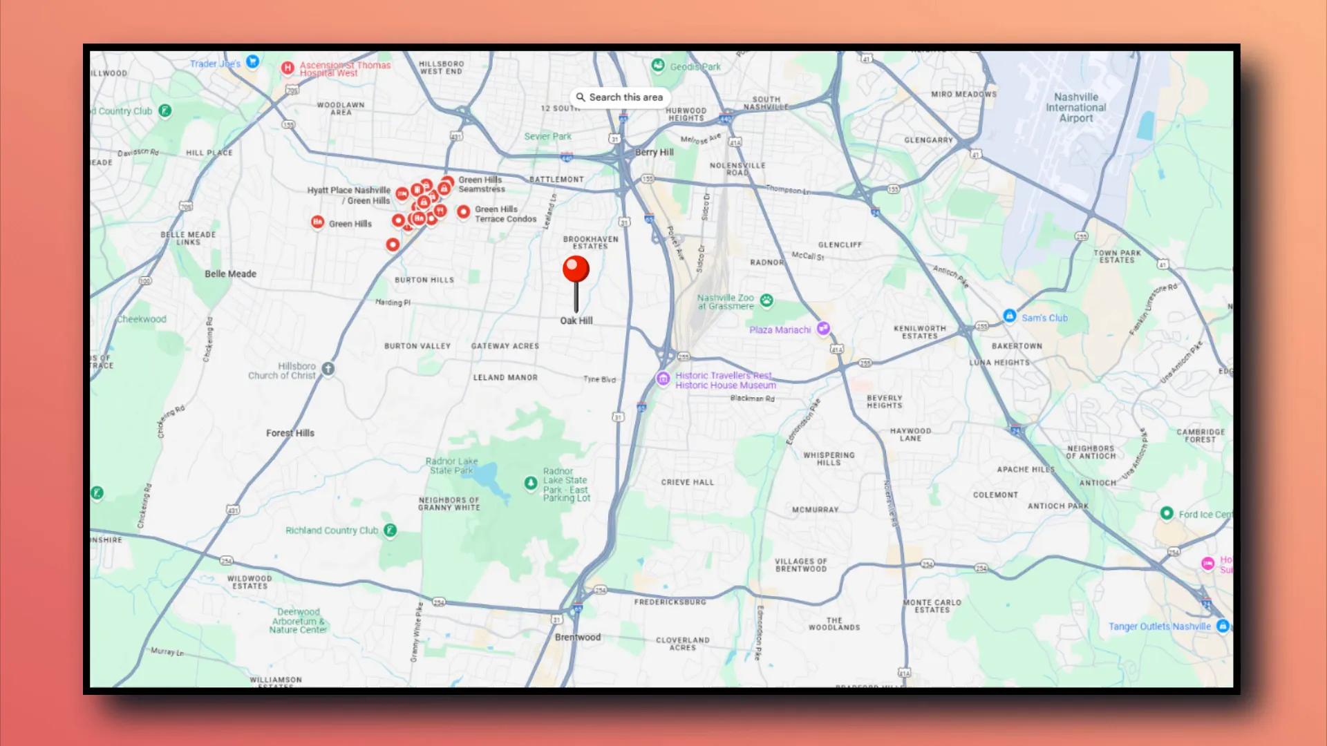 Map showing Forest Hills and Oak Hill near Radnor Lake and Nashville