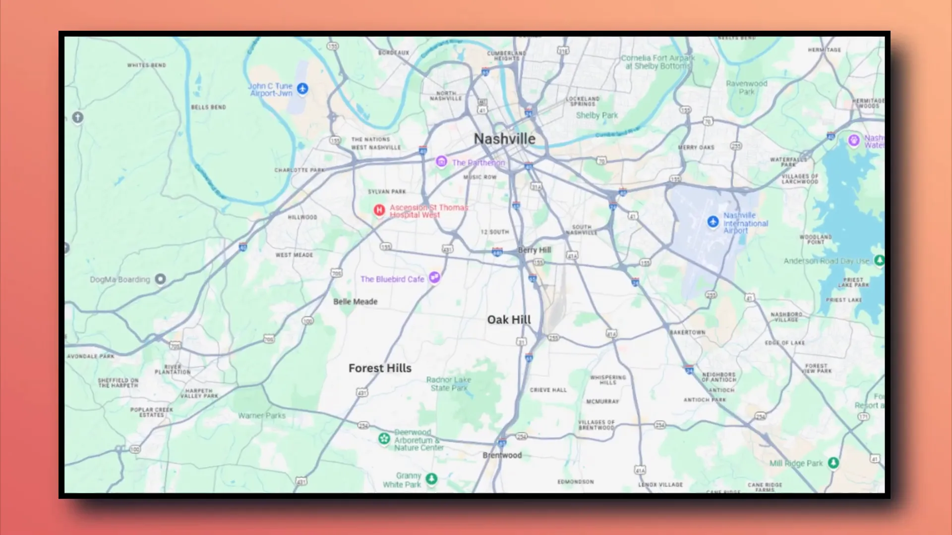 Overview of Forest Hills and Oak Hill proximity to Nashville