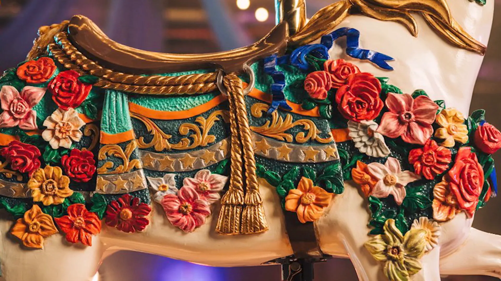 Close-up of a hand-carved carousel animal