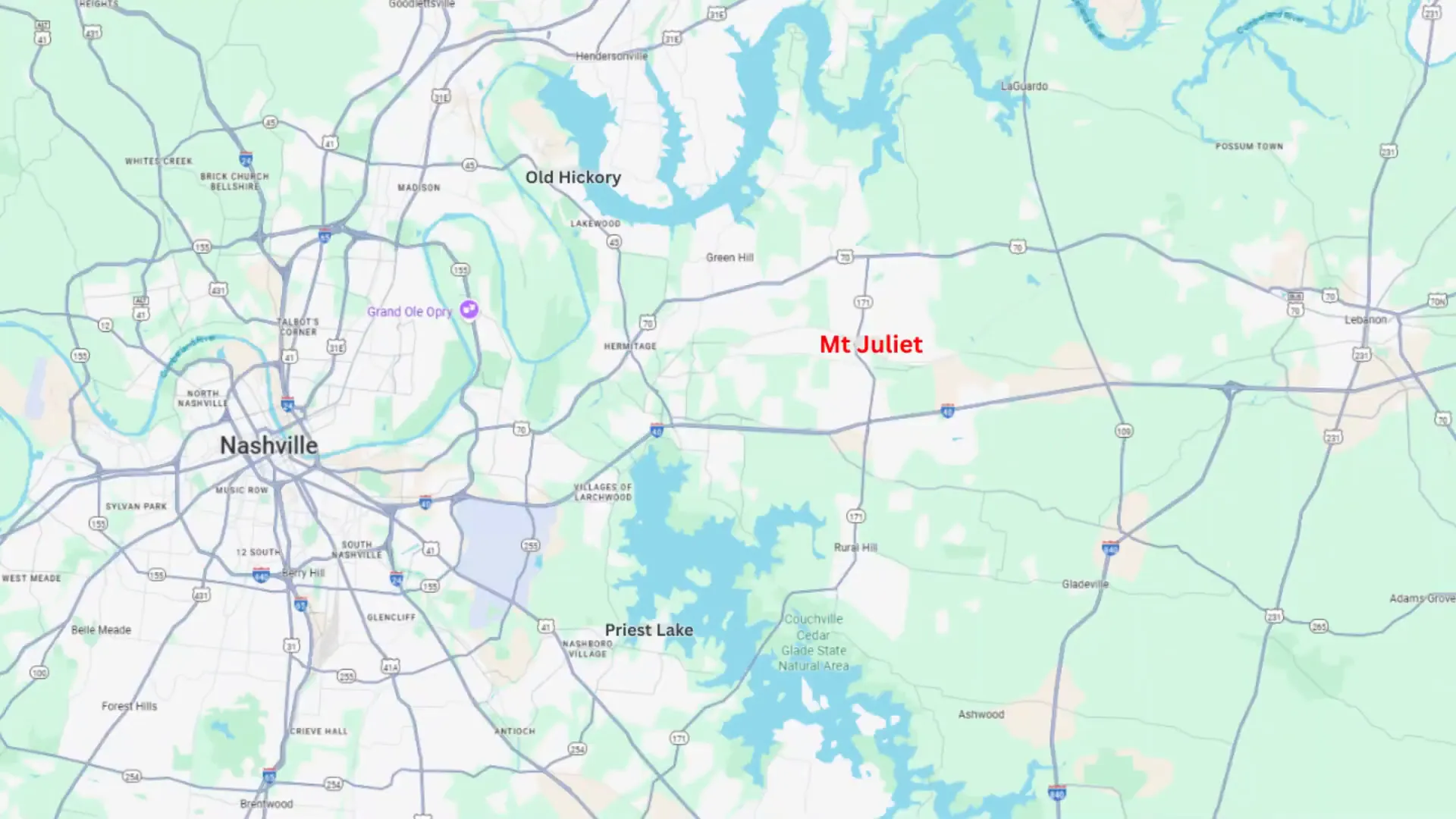 Map-style overview showing Mount Juliet between two lakes