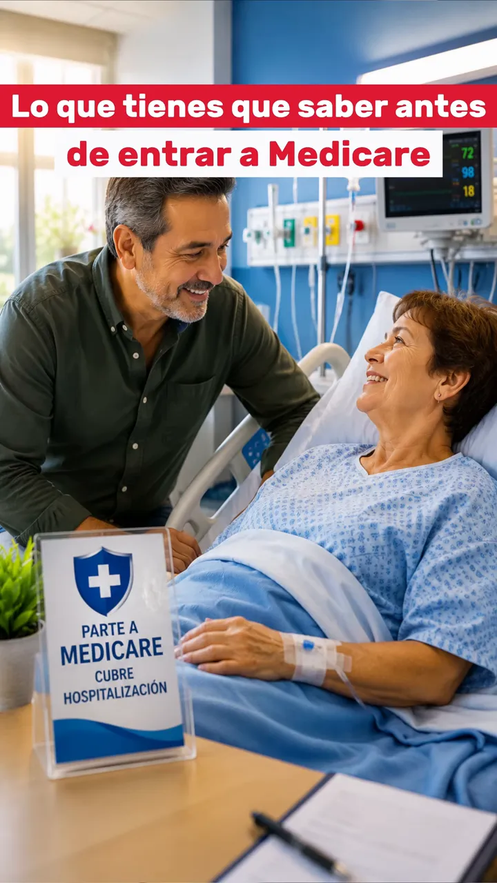 Patient in a hospital bed next to a family member with a sign that reads Medicare Part A covers hospitalization