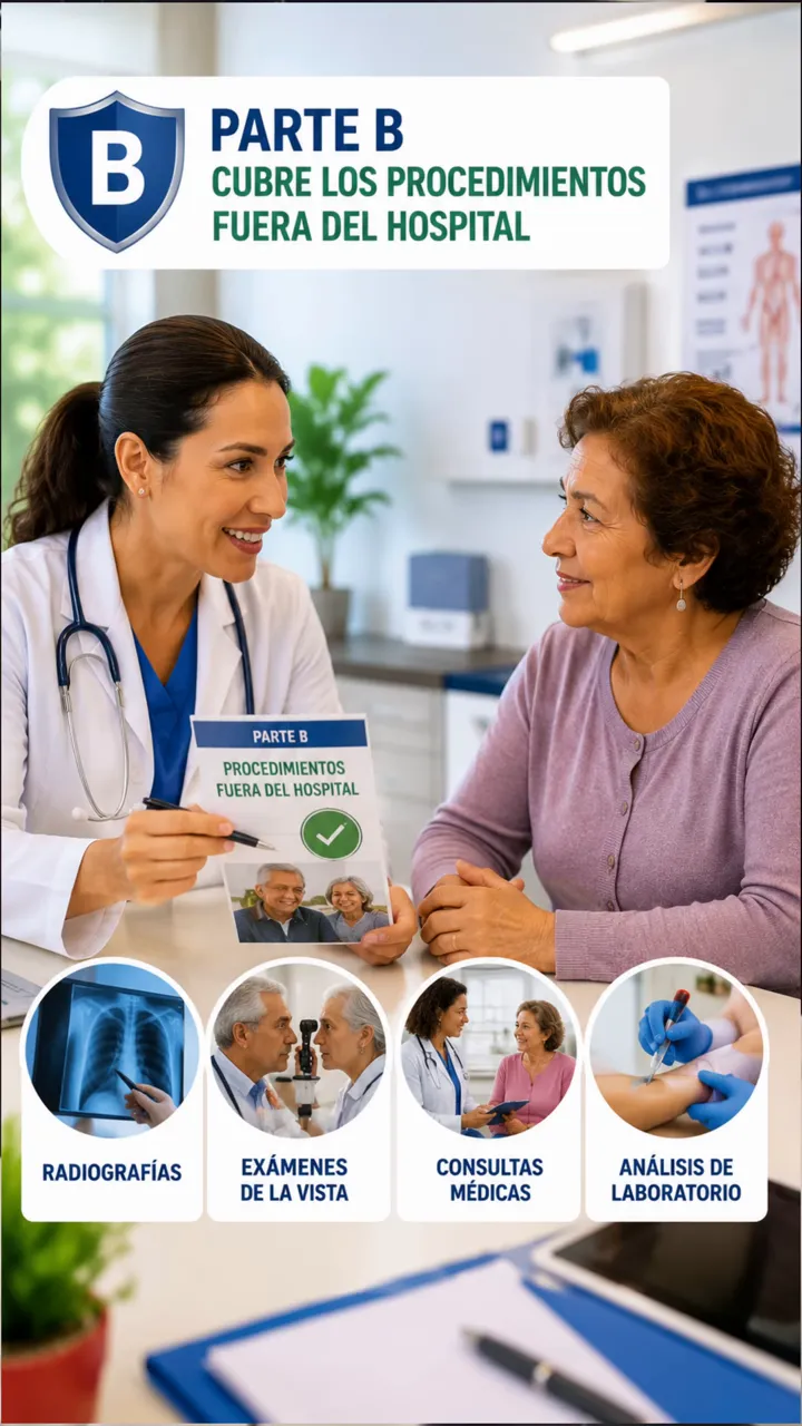 Part B infographic with doctor and patient, X-rays, vision exams, doctor visits, and lab tests