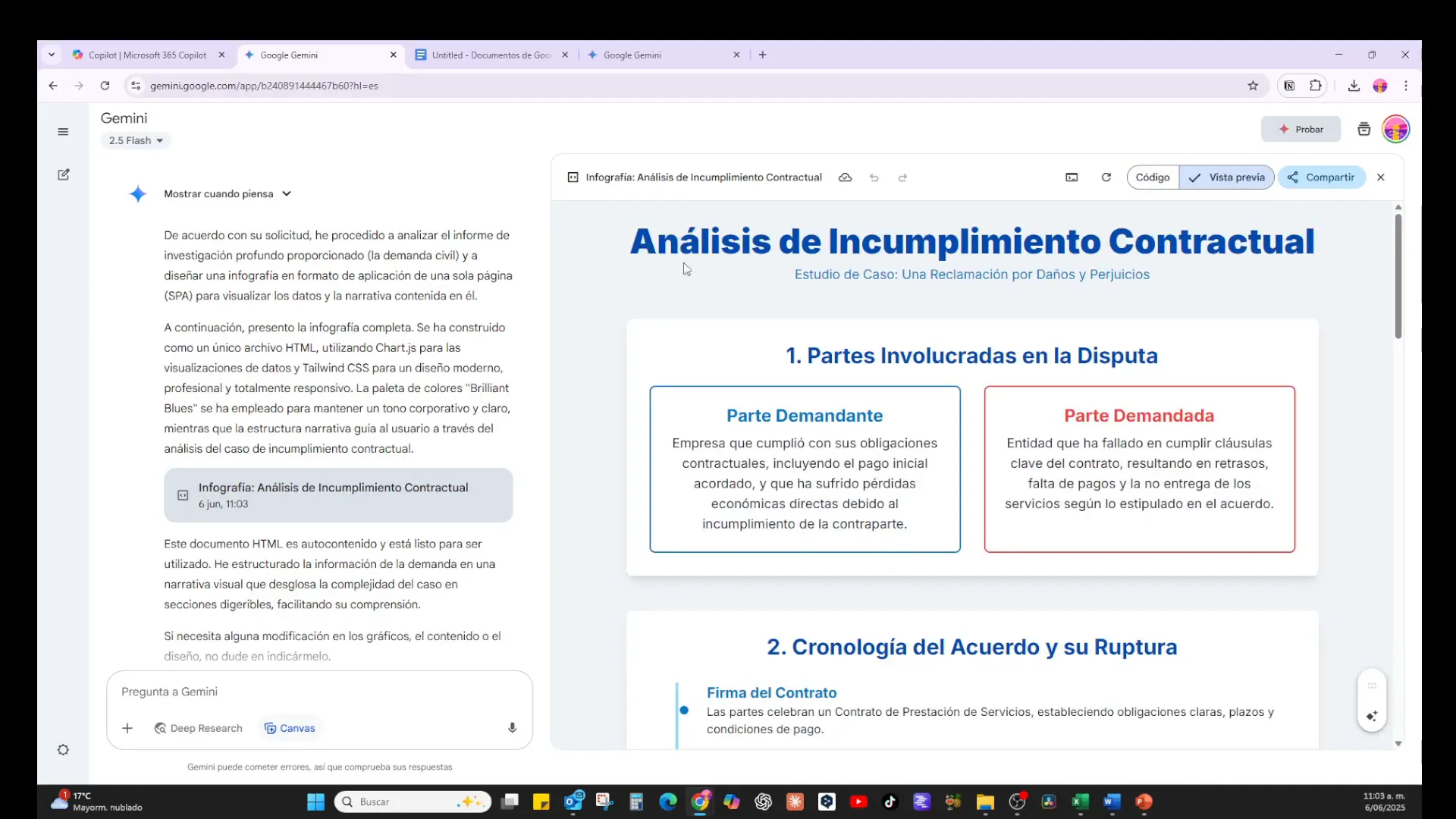 Vista previa de infografía sobre incumplimiento contractual generada por Gemini