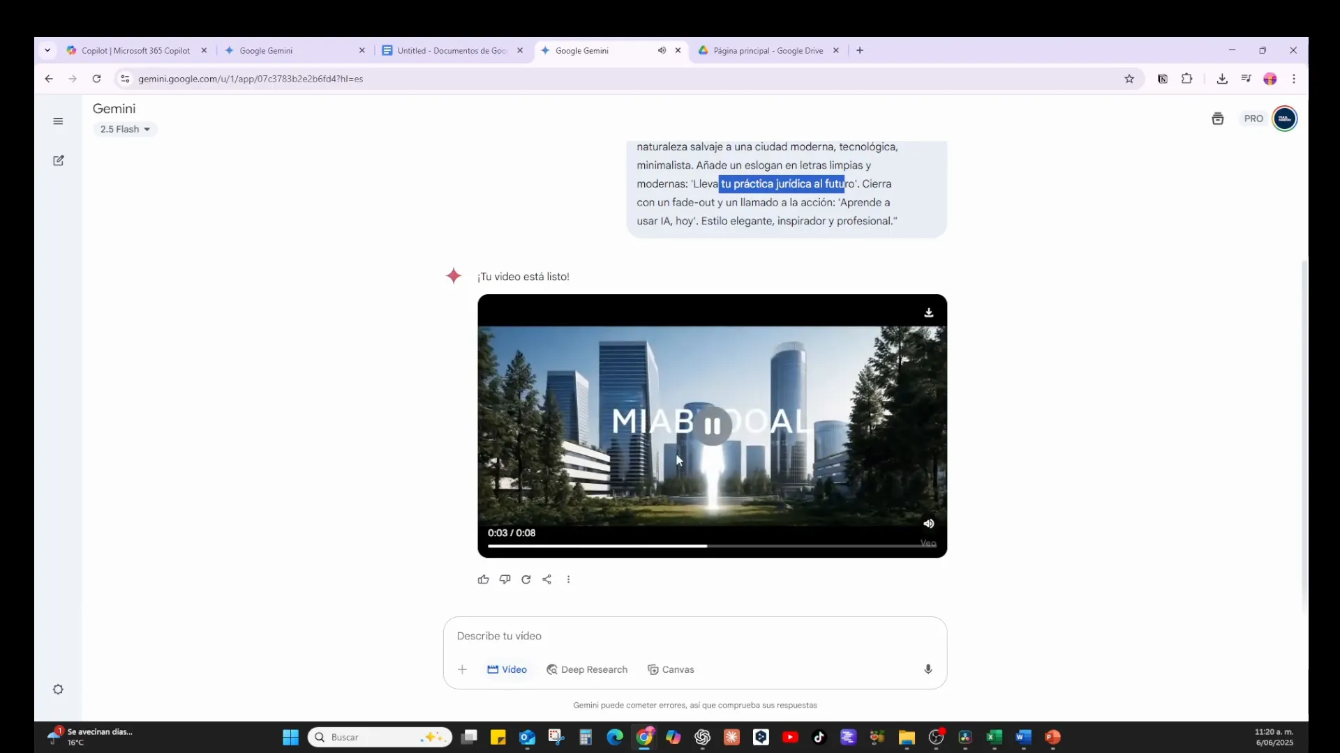 Generación de video corto con Gemini Pro representando evolución del conocimiento jurídico