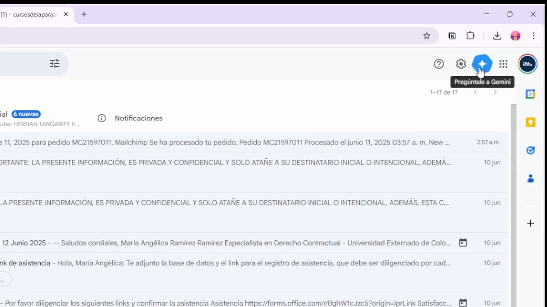 Icono de Gemini en Gmail en la esquina superior derecha
