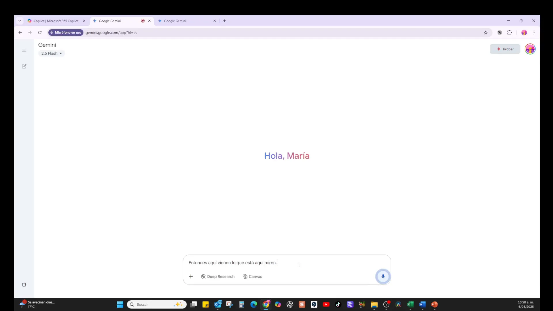Modo dictado activado en Gemini transcribiendo voz
