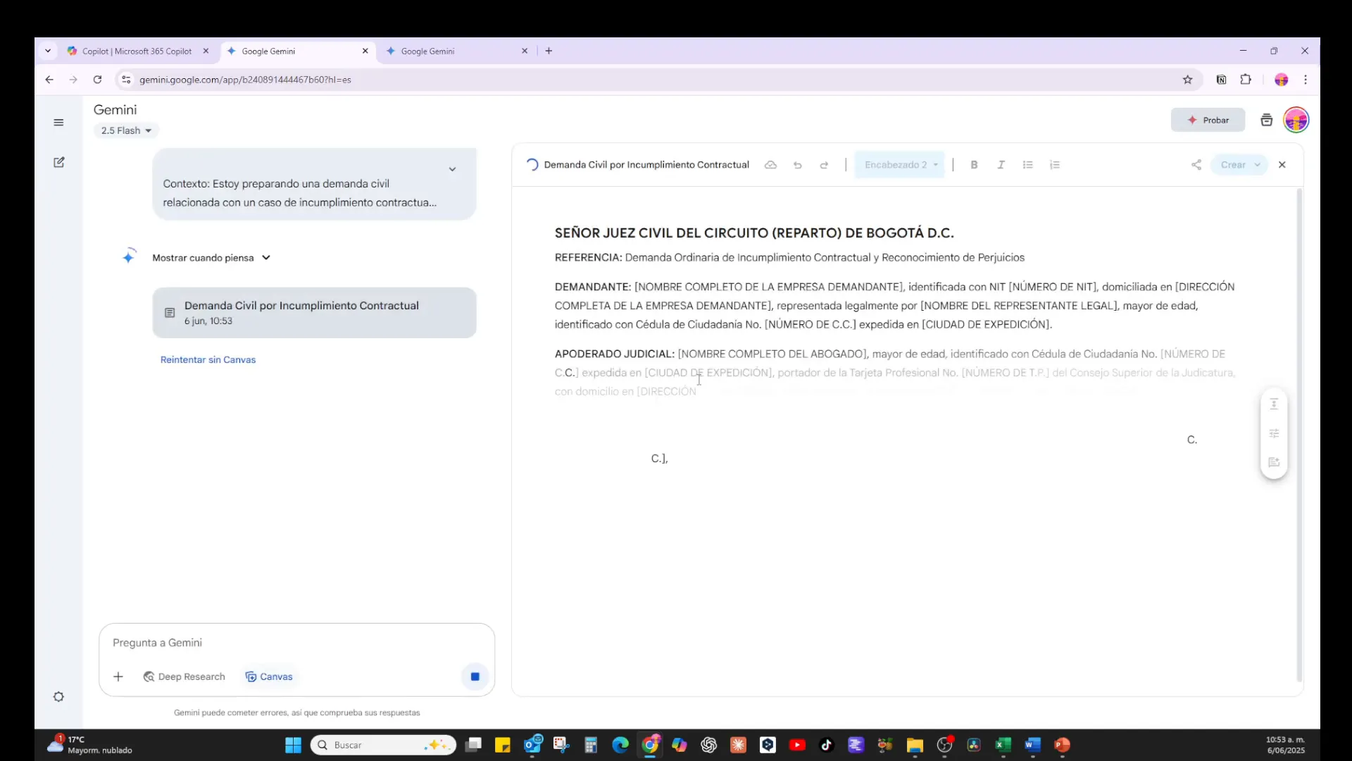 Pantalla dividida en Canvas con prompt a la izquierda y documento a la derecha