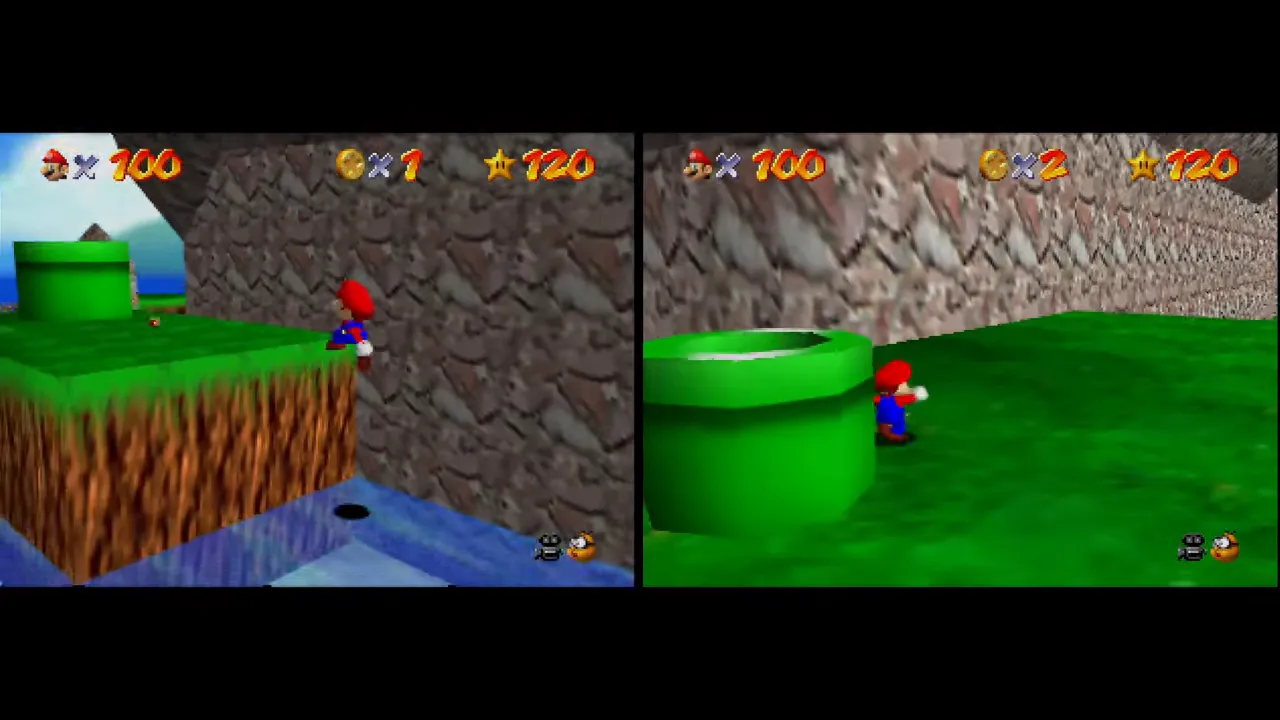 Side-by-side gameplay views of Mario beside a large green pipe and on an open grassy area