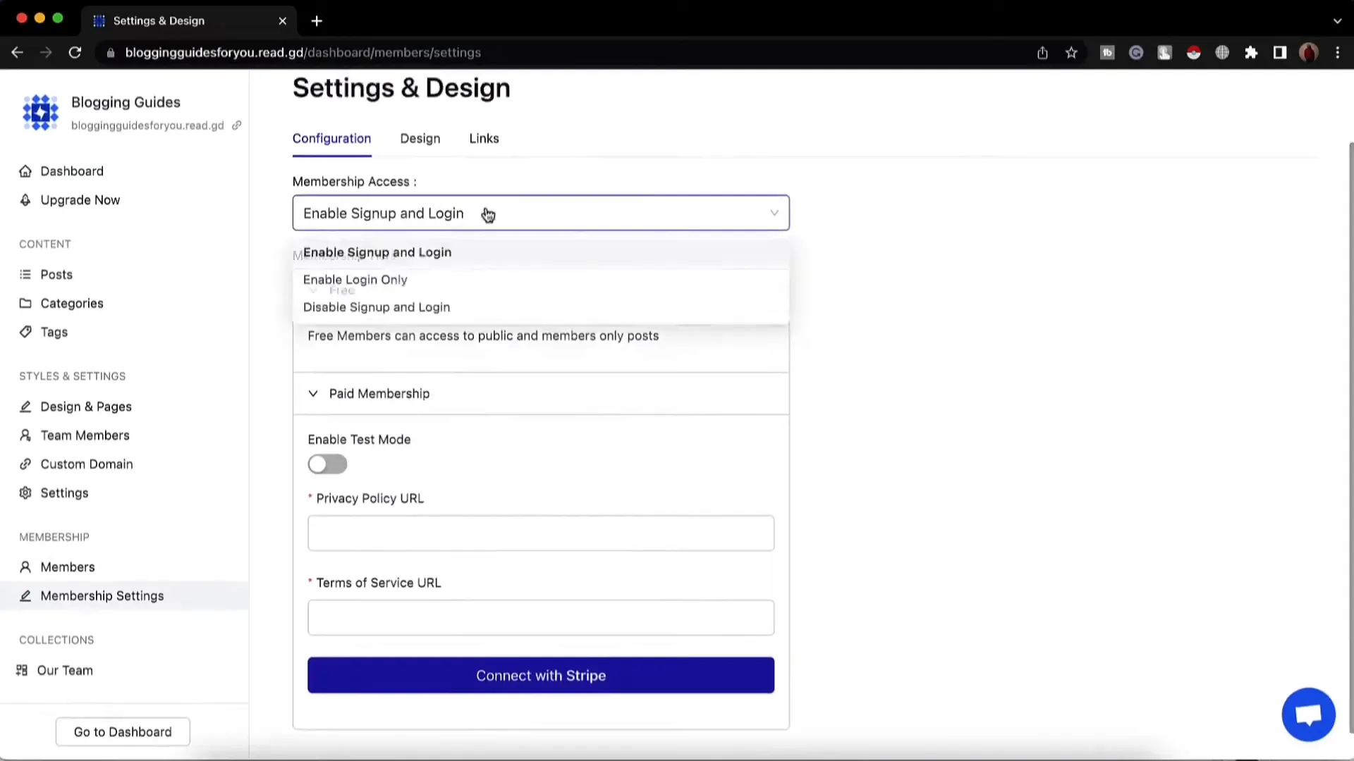 Membership and gated content settings in Dorik