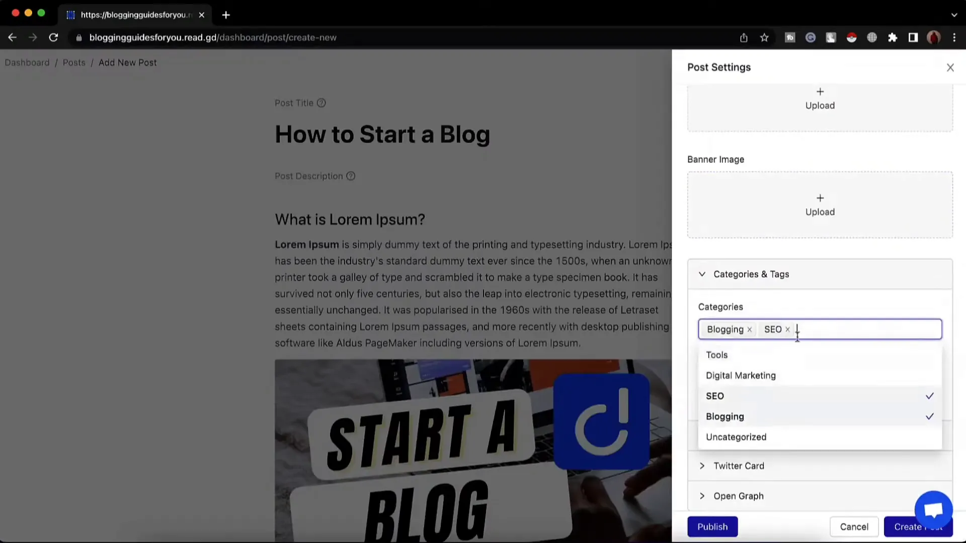 Dorik blog post editor with categories and tags