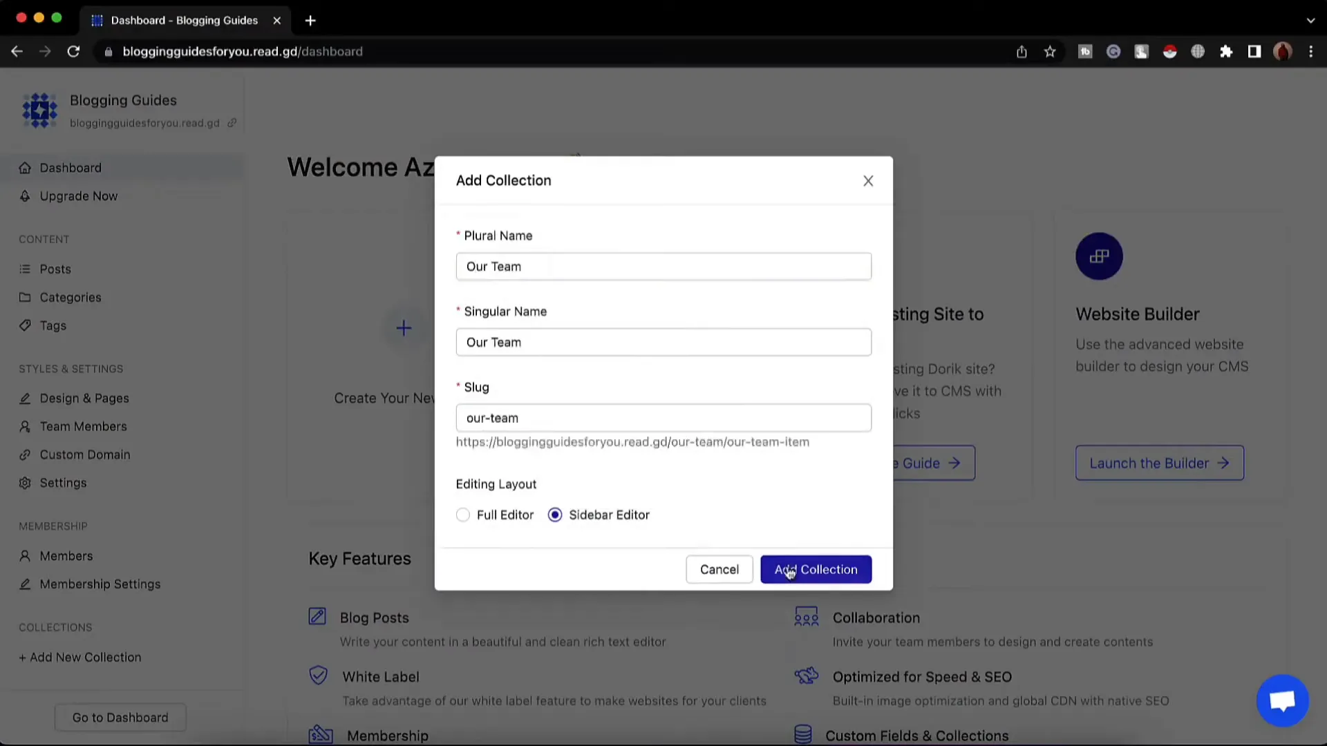 Creating collections in Dorik CMS