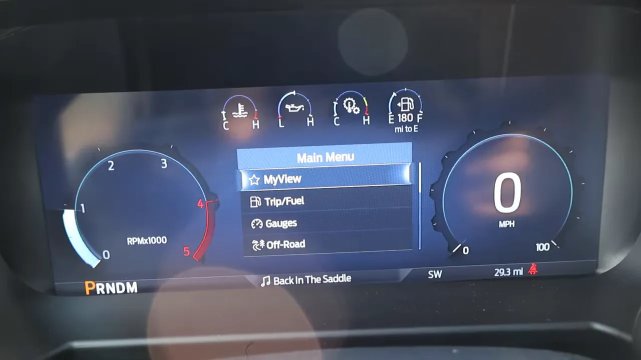 Digital instrument cluster showing Main Menu with MyView selected and speedometer at zero