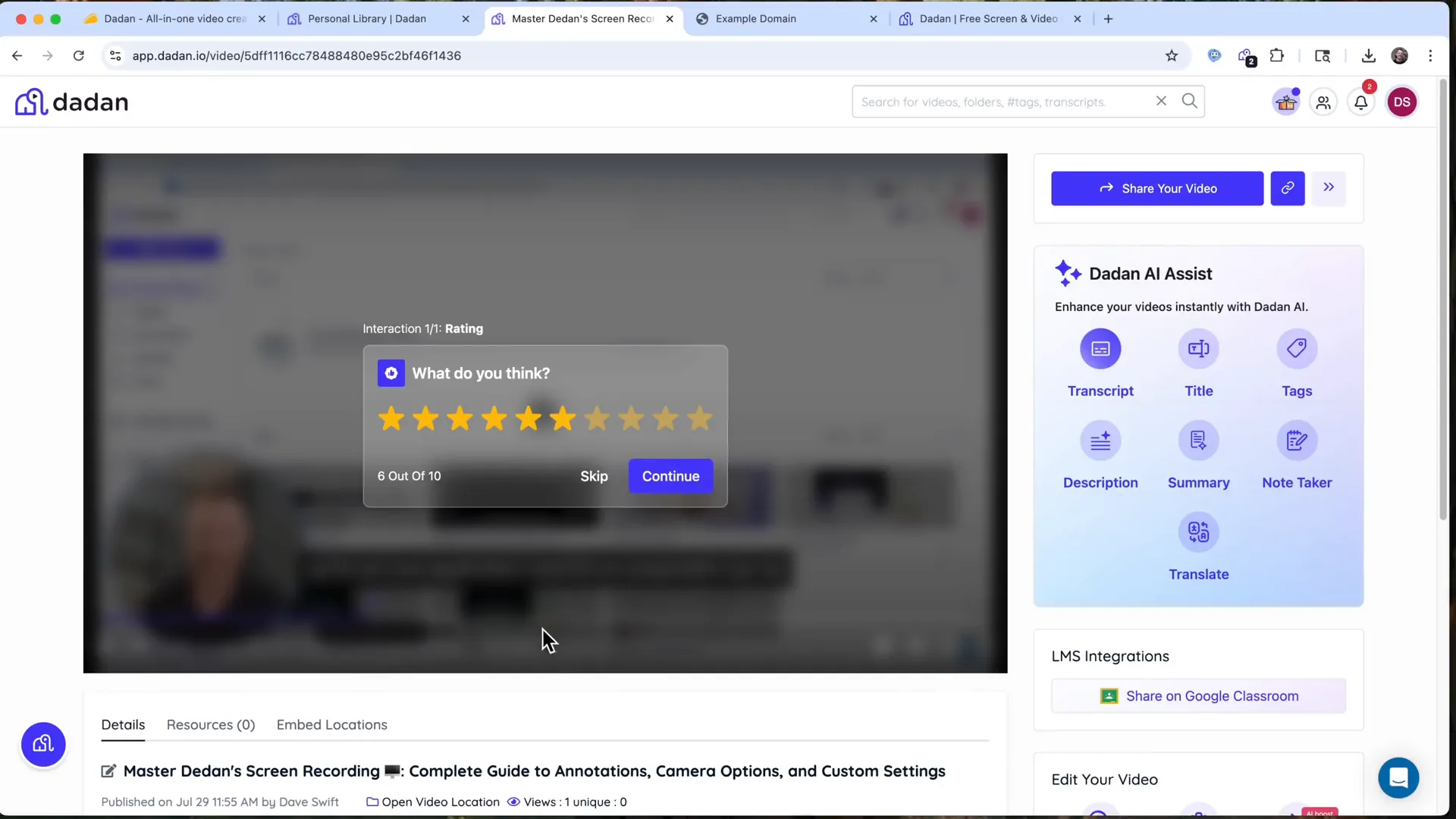 Interactive rating prompt during Dedan video playback