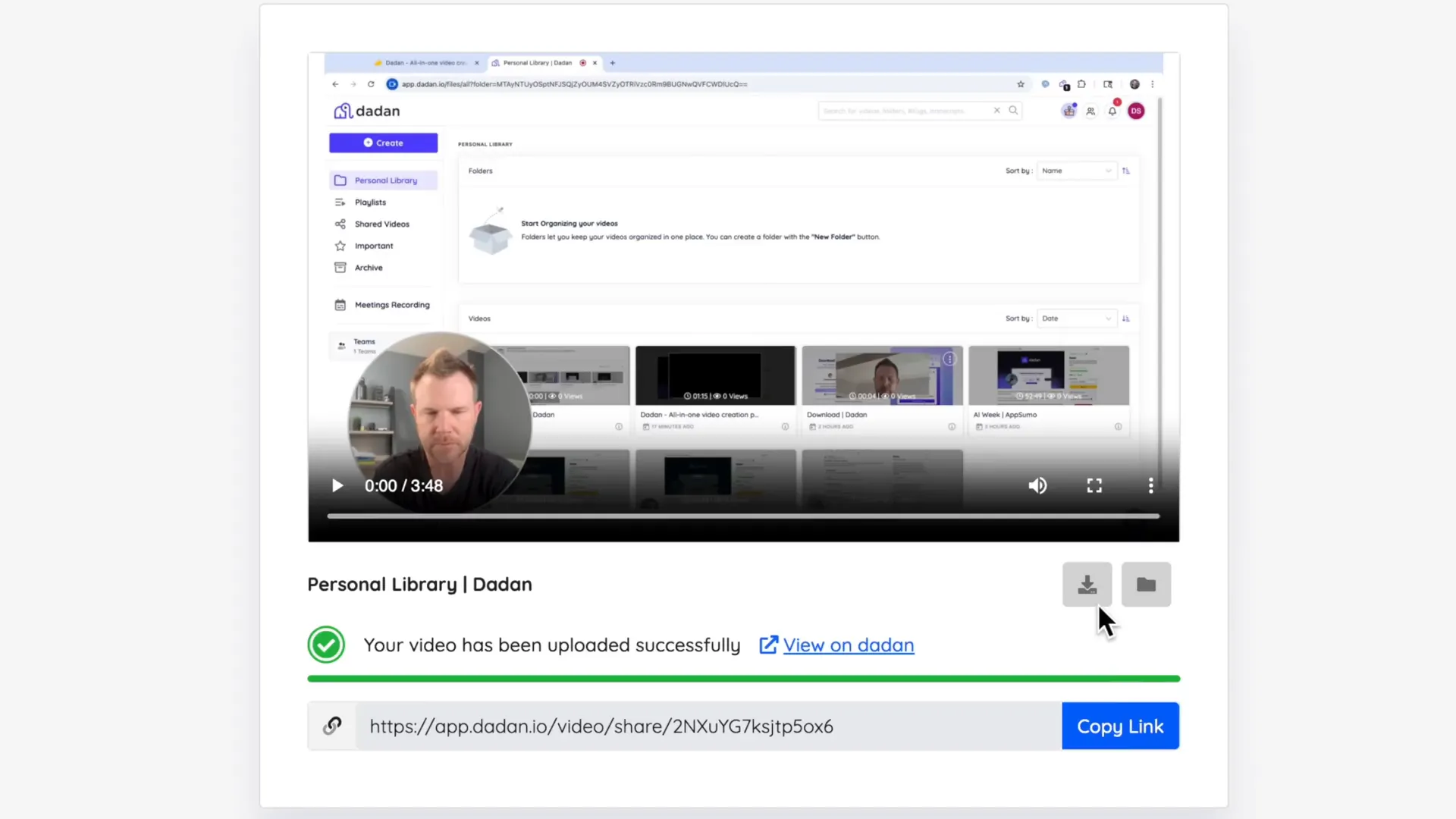 Dedan video sharing options with link copy and download