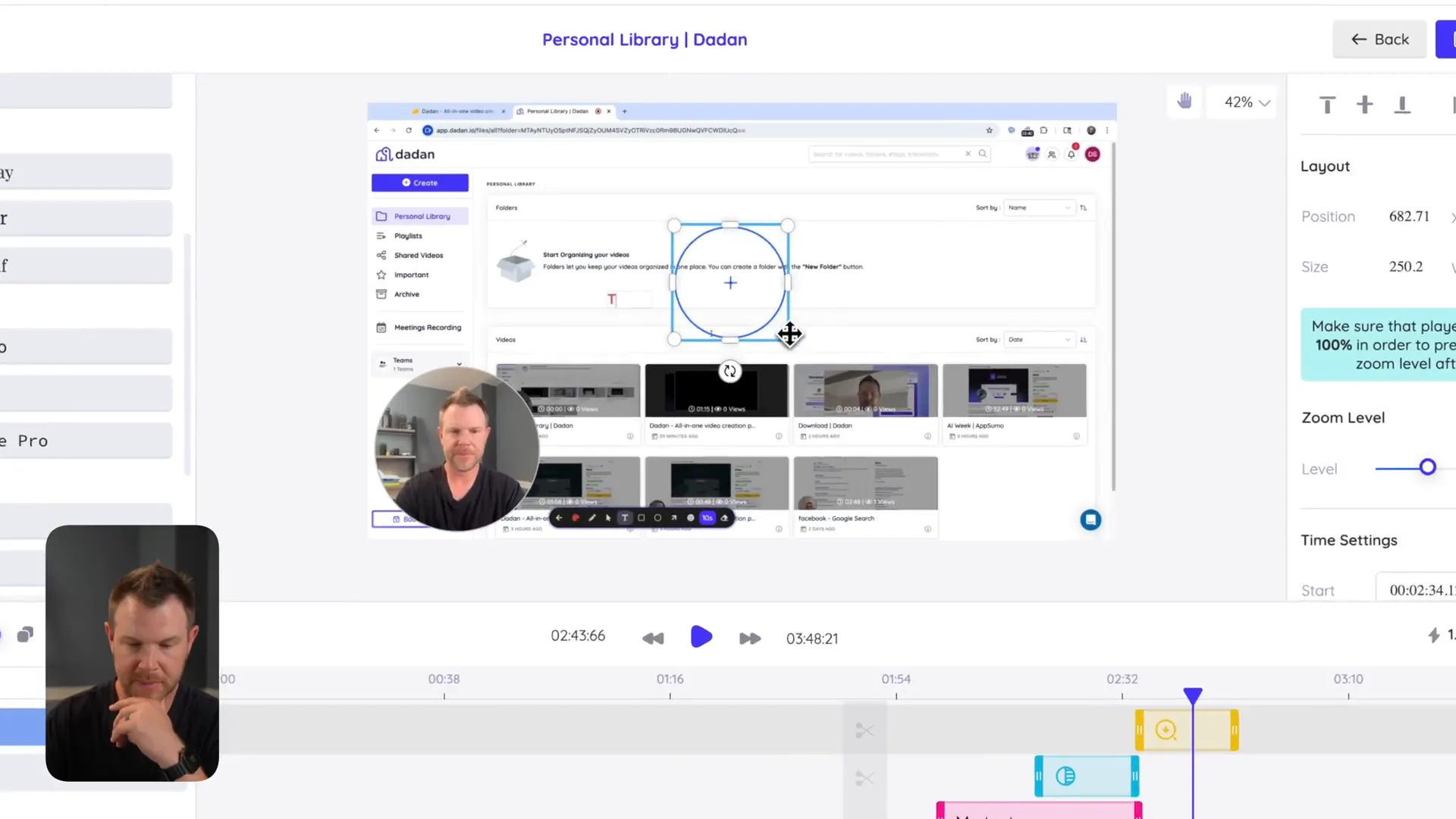Zoom feature in Dedan video editor showing zoom level controls