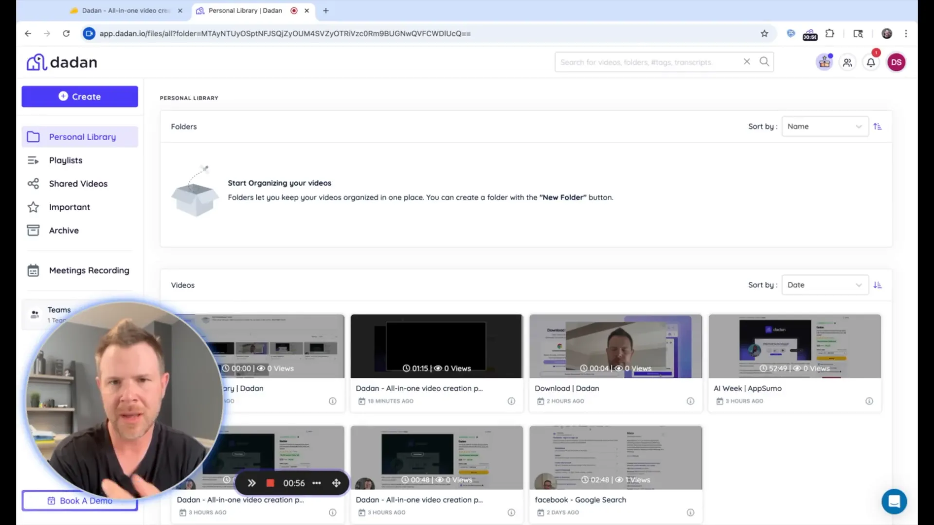 Dedan web app interface showing screen recording with webcam overlay