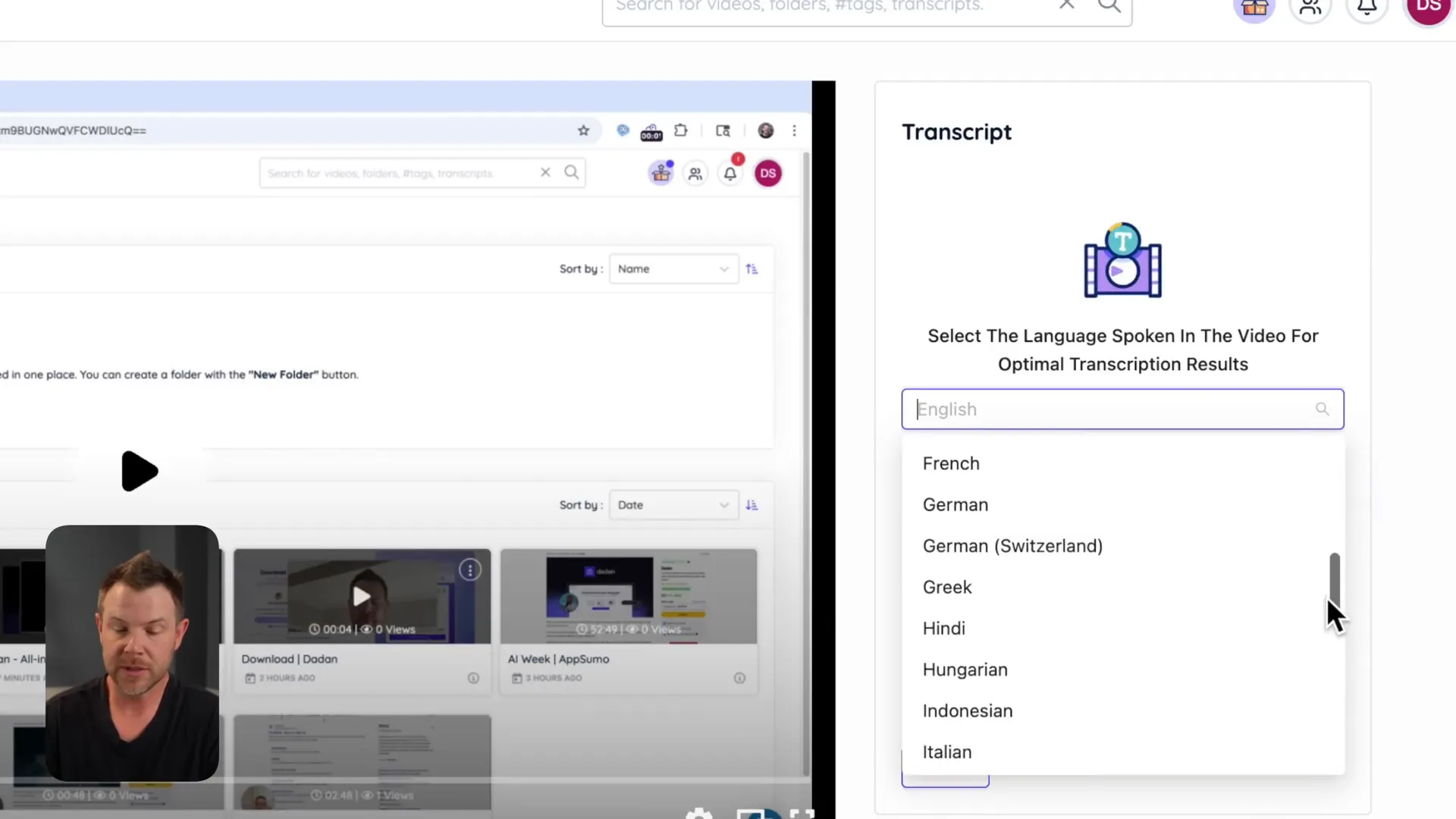 AI transcription language selection in Dedan