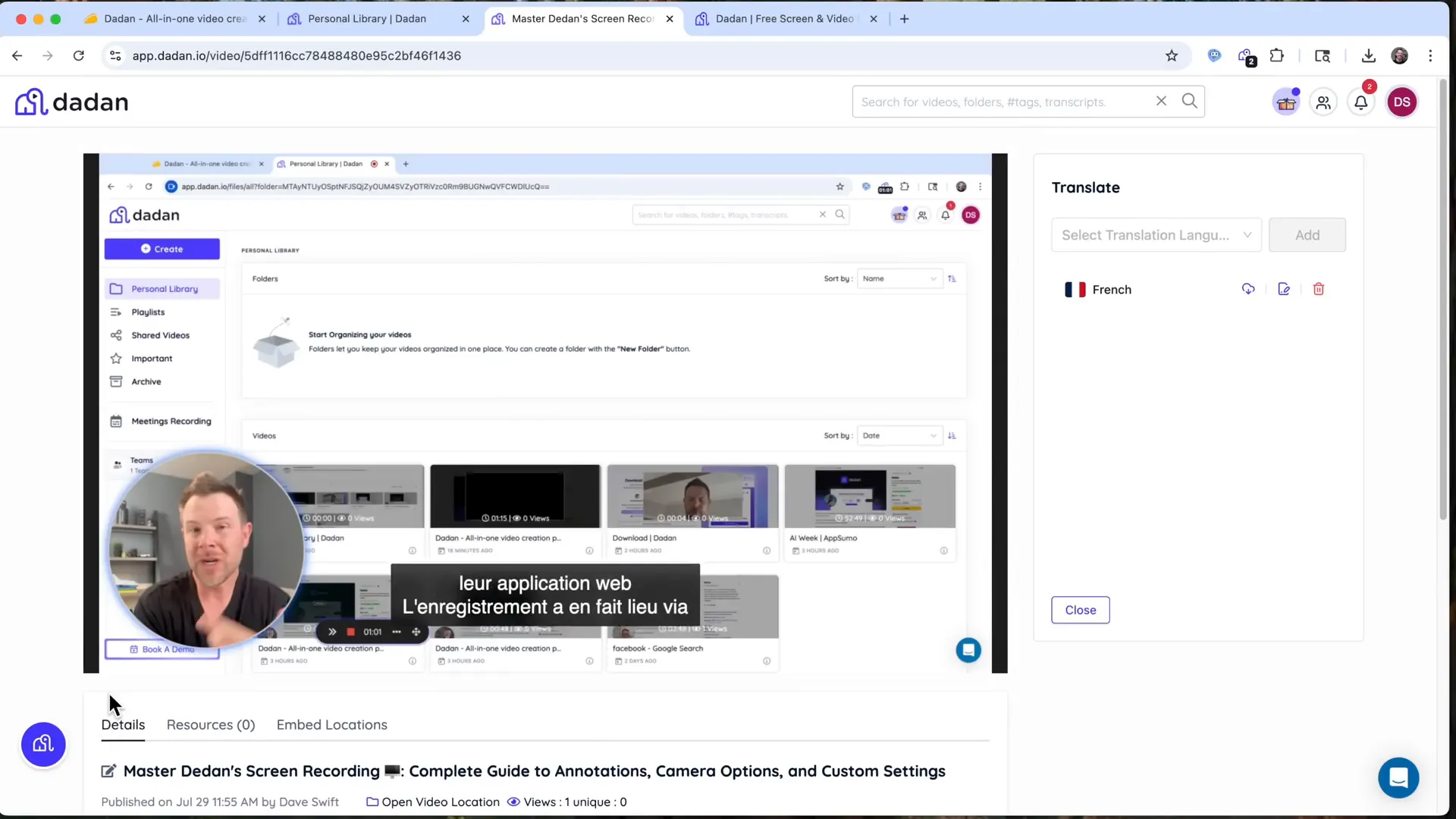 AI translation feature in Dedan with French captions
