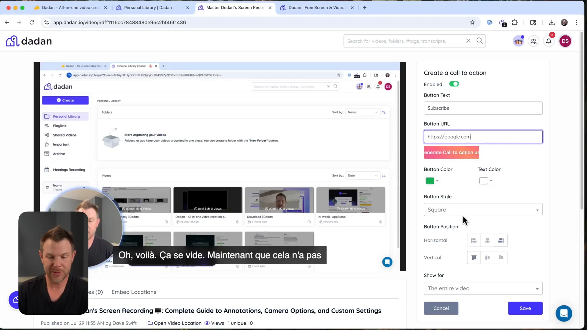 Call to action button setup in Dedan video editor