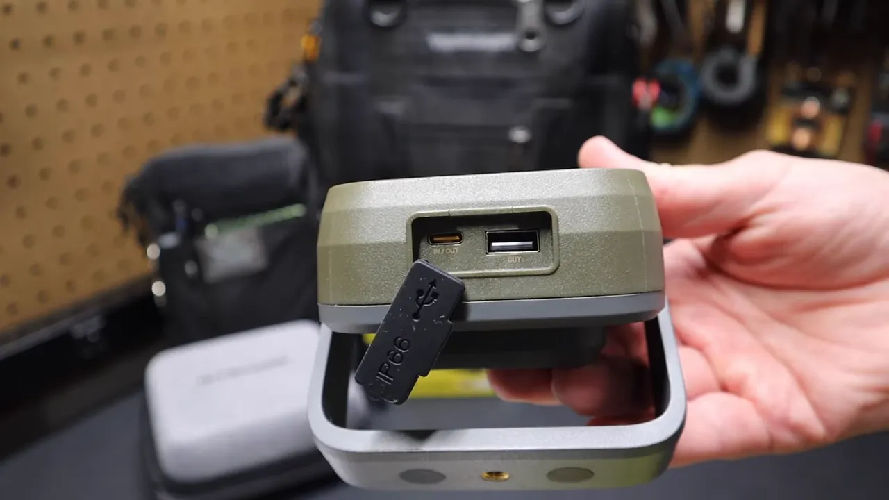 Bottom view showing USB-C and USB-A charging ports
