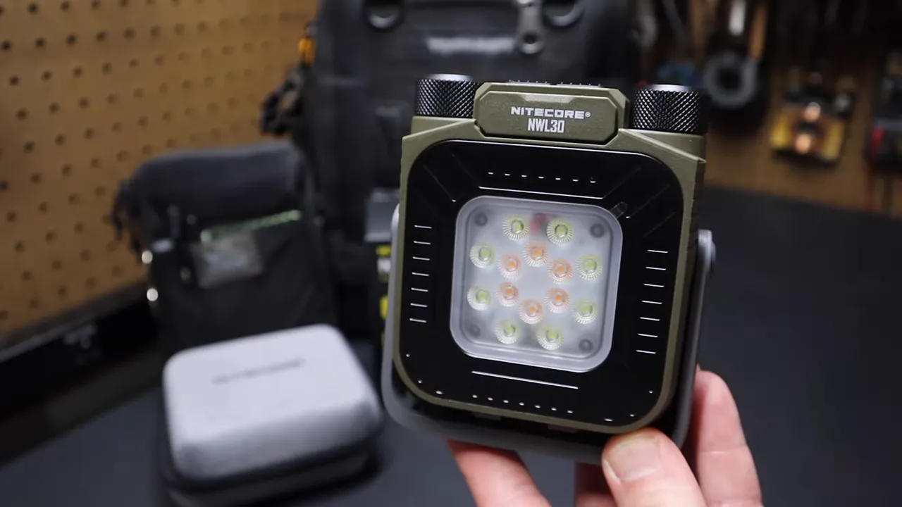 Top controls showing red light button and two dials for brightness and color temperature